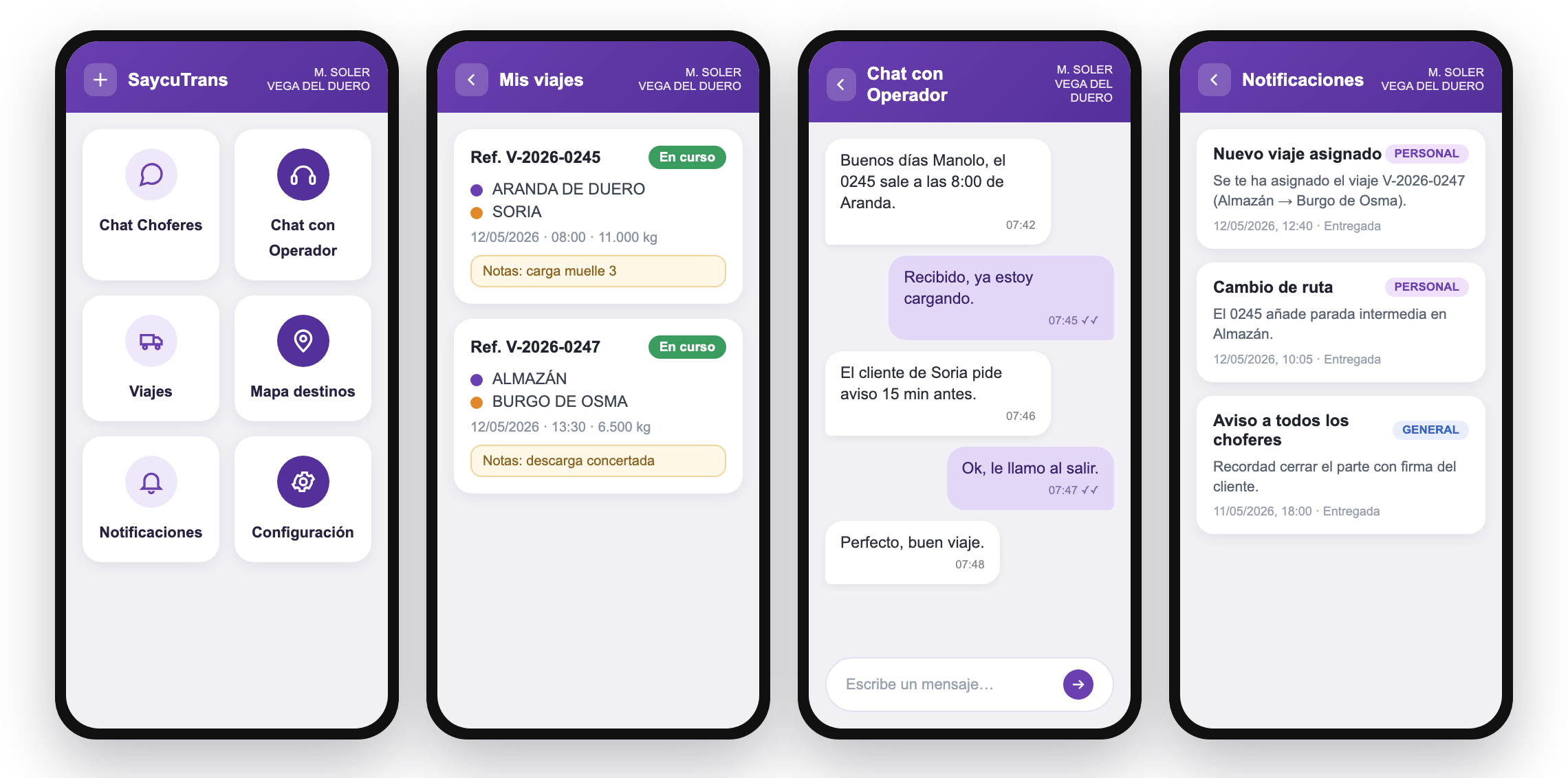 Pantallas de la app del chofer: inicio, viajes, chat y notificaciones